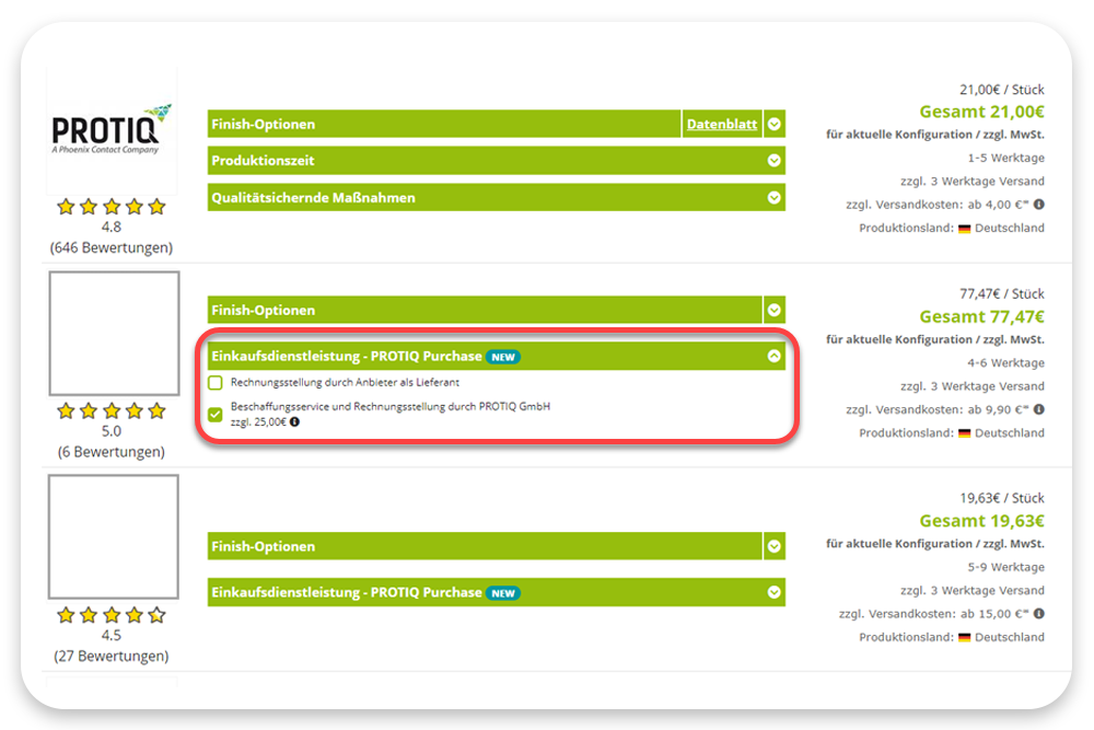 Screenshot von protiq.com: Im Konfigurator kann die Einkaufsdienstleistung PROTIQ Purchase ausgewählt werden